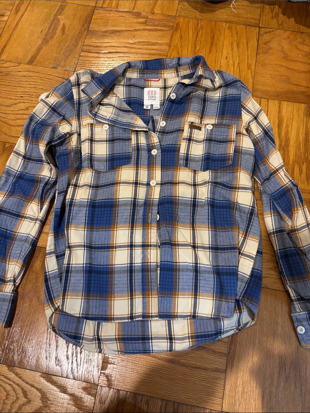 Topo Designs Blue, Cream & Brown Plaid Button-Down Shirt
